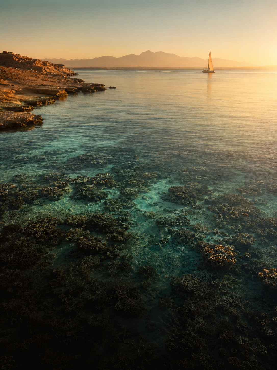 Red Sea coastline and coral reef at golden hour, Hurghada